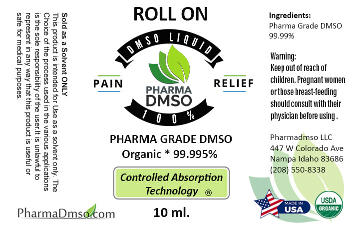 Label of Pharma DMSO Roll On Pain Relief with product details and branding.