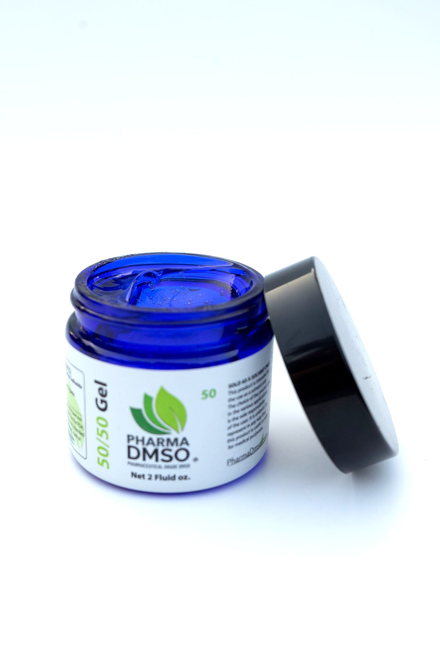Blue jar of Pharma DMSO gel with msm to show the clear liquid without impurities on a white background