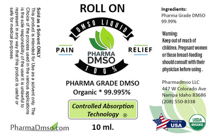Label of Pharma DMSO Roll On Pain Relief with product details and branding.