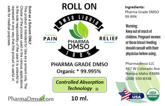 Label of Pharma DMSO Roll On Pain Relief with product details and branding.