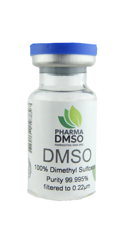 Vial labeled 'PharmaDMSO' with a blue cap on a white background