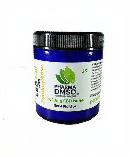 Jar of Pharma DMSO CBD Gel with Frankincense on a white background
