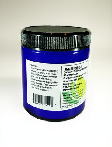 Container with blue label and black lid on a white background