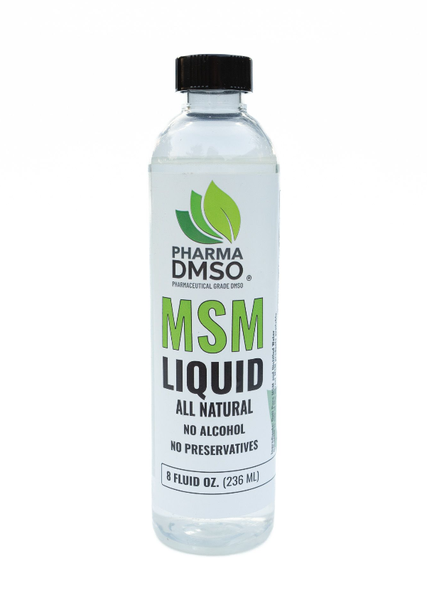 Bottle of Pharma DMSO MSM Liquid on a white background